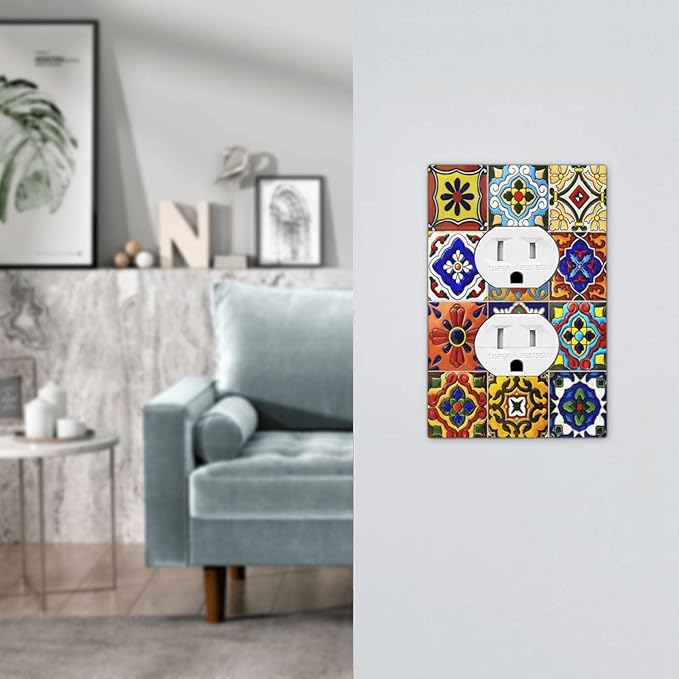 Vintage Colorful Boho Mexican Moroccan Tile Outlet Covers 1 Gang Duplex Light Switch Cover Decorative Switch Plates Electrical Receptacle Faceplate Wall Plate for Farmhouse Home Decor