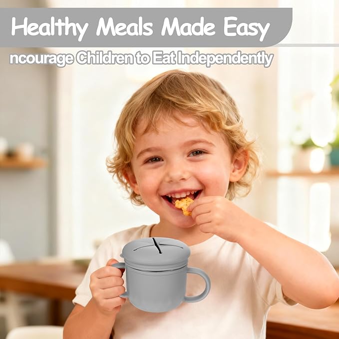 Mity rain 2-Pack Stainless Steel Snack Containers, 4-in-1 Spill proof Snack Cups With Silicone Lid and Handle, Dishwasher Safe Travel Snack Containers for Kids and Infants (Purple + Gray)