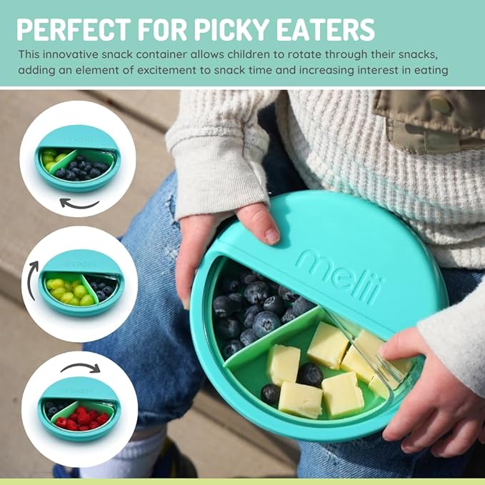 melii Spin Snack Container | 3-Compartment Rotating Snack Box with Sliding Window, BPA-Free, Dishwasher Safe, Portable Snack Container for Kids Ages 3+ (Blue)