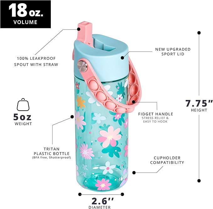 Elemental Leak Proof Water Bottles for Kids - Splash Kids Water Bottle for School with Pop-it Handle - Tritan Plastic Water Bottle with Straw - Stylish Cat & Spring Blossom - 18oz (2 Pack)