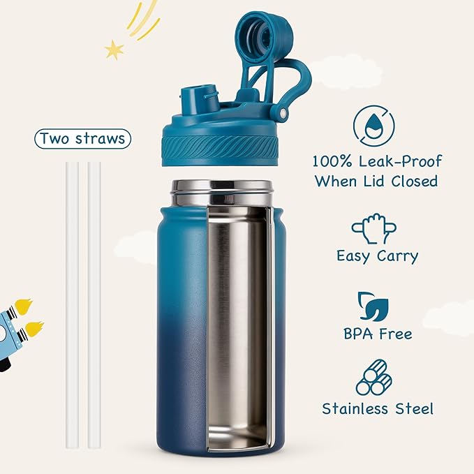 12 oz Kids Water Bottle, 2-in-1 Stainless Steel Vacuum Insulated Water Bottle for Toddler, Leak Proof Spout & Straw, Double Wall Thermal Flask for Boys&Girls, School, Outdoor, Travel (Gradient Blue)