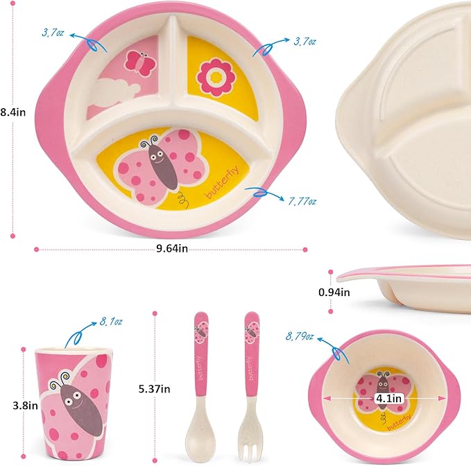 Kids Dinnerware Set, 5-Piece Mealtime Tableware for Children & Toddlers – Includes Divided Plate, Bowl, Cup, Fork & Spoon – Natural Bamboo Fiber, BPA-Free, Dishwasher Safe (Butterfly)