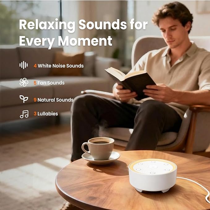 Kipcush White Noise Machine - 21 Soothing Non-Looping Sounds, Dimmable Night Light, & Blind-Touch Buttons | USB-Powered Portable Sleep Therapy for Babies, Adults, Office & Travel - White