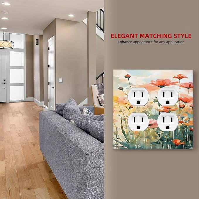 Vintage Red Orange Yellow Poppy Floral Flowers Outlet Covers 2 Gang Double Duplex Decorative Light Switch Covers Electrical Wallplates Socket Faceplate for Bedroom Living Room Decor