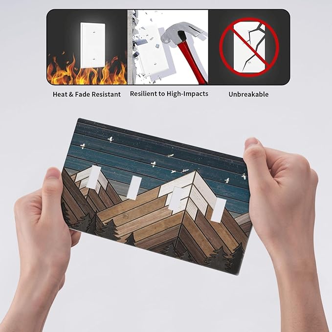 Rustic Geometric Mountain Wilderness Wood 4 Gang Wall Plate Quad Toggle Light Switch Cover Decorative Outlet Covers Electrical Light Switches Faceplate for Bedroom Bathroom Kitchen Decor