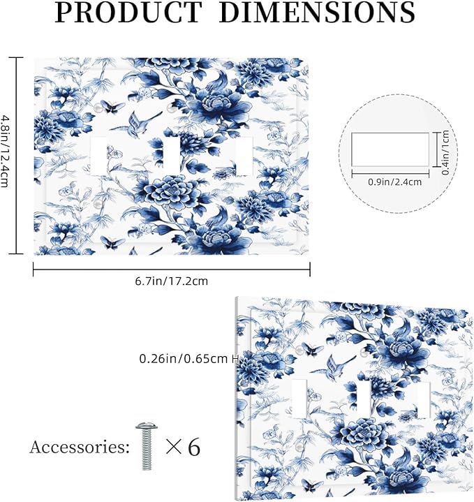 Blue Flower White Floral Plant Bird Butterfly Decorative Switch Plates 3 Gang Wall Plate Triple Toggle Light Switch Cover Faceplate Electrical Wall Panels for Bedroom Living Room Decor