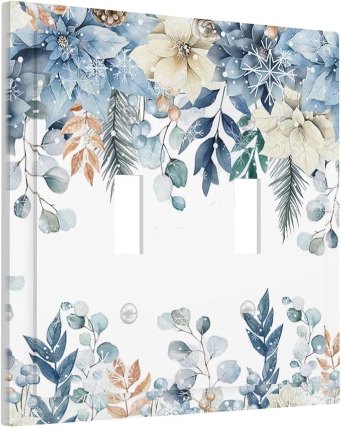 Blue Vine Snowflake Plants Leaves Floral Flowers Decorative Switch Plates 2 Gang Double Toggle Outlet Light Switch Cover Wall Plate Electrical Faceplate for Bedroom Living Room Decor