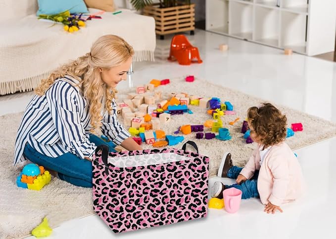 Essme Rectangular Kids Baskets,Pink Storage Basket with Handles for Girls Room Decor, Leopard Print Box,Cute Storage Bin（Pink leopard print）