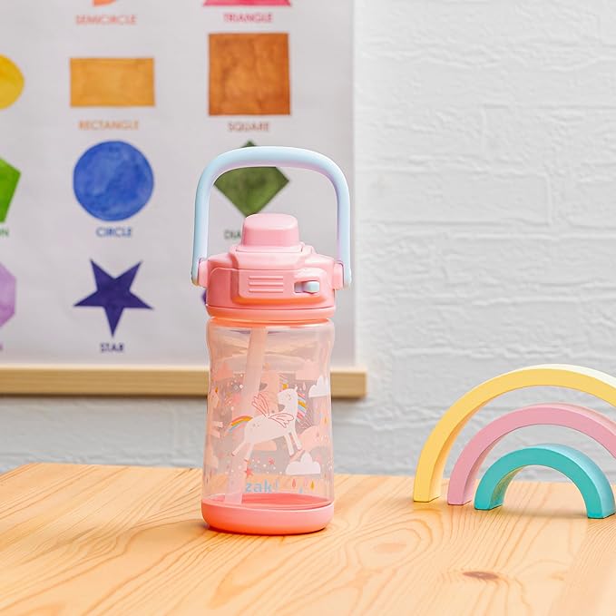 Zak Designs Beacon Kid Water Bottle for Travel or At Home, 12oz Plastic is Durable and Leak-Proof with Liquid Lock Spout, Cover, Carry Handle, Protective Base (Unicorn)