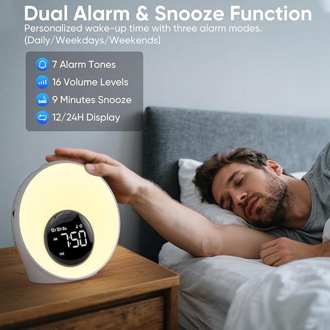 AFEXOA Wake Up Light Sunrise Alarm Clock - Sunrise Simulation & White Noise Machine with 30 Soothing Sounds, 14 Color Dimmable Night Light, Digital Dual Alarms for Heavy Sleepers/Adults/Kids(White)