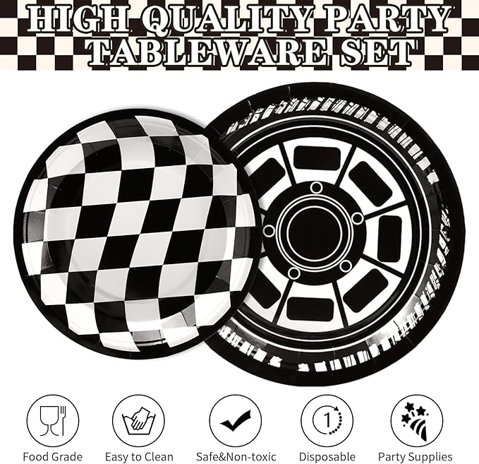 Grencian 96Pcs Race Car Party Decorations Race Car Plates and Napkins Disposable Racing Themed Paper Plates Tableware Set for Boys Kids Birthday Baby Shower Party Supplies, Serve 24