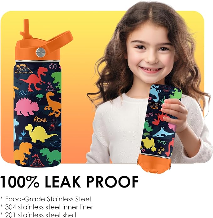 Dinosaur Gifts for Kids - 16oz Colorful Dino Water Bottle with Straw Lid, Stainless Steel Insulated Tumbler, Leakproof, BPA-Free, for Boys & Girls, School, Travel - Dino Lovers Birthday Gift Cup (1pc)