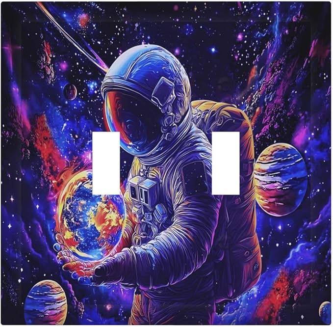 Astronaut Space Cool Galaxy Planet Decorative Switch Plates 2 Gang Double Toggle Outlet Light Switch Cover Wall Plate Electrical Faceplate for Kids Room Nursery Decor