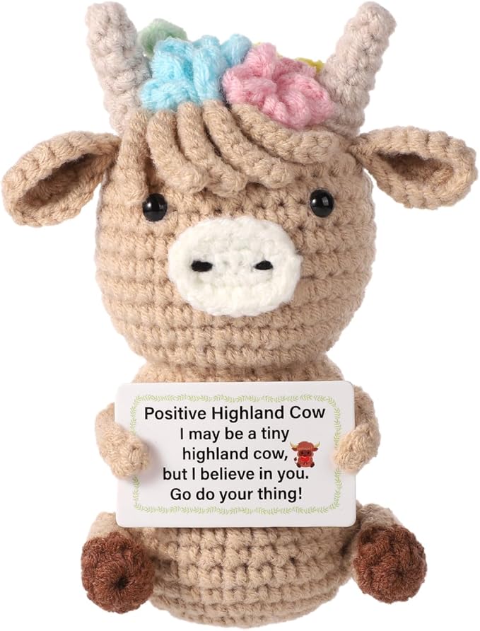 Knitted Highland Cow, Funny Cute Positive Cow Crochet Inspirational Knitted Doll with Positive Card Uplifting Knitted Toy Gift for Friends Family Party Decoration