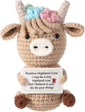 Knitted Highland Cow, Funny Cute Positive Cow Crochet Inspirational Knitted Doll with Positive Card Uplifting Knitted Toy Gift for Friends Family Party Decoration