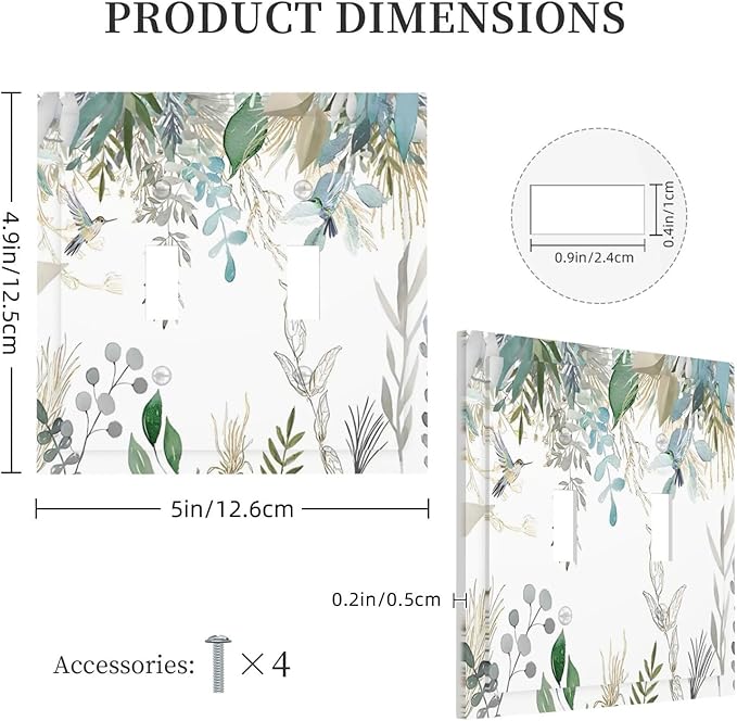 Green Tropical Palm Leaves Flower Plants Hummingbird Decorative Switch Plates 2 Gang Double Toggle Outlet Light Switch Cover Wall Plate Electrical Faceplate for Bed Room Living Room Decor