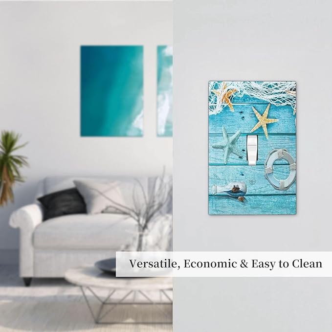 Turquoise Teal Fishing Net Wood Plank 1 Gang Light Switch Plate Decorative Single Toggle Wall Plate Cover Electrical Switchplate Faceplate for Bedroom Room Decorate Jumbo
