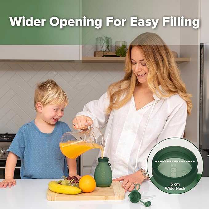 haakaa Hippo Wide Opening Silicone Goody Pouch – 9oz/260ml Reusable Pouches for Toddlers, Baby Food Pouches with Wide Opening for Easy Fill & Clean, Perfect for Purees & Smoothies, 2 Pack