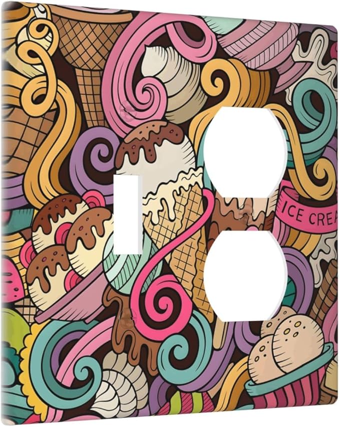 Cartoon Hand Drawn Ice Cream Doodles Colorful Print Wallplates 1 Toggle 1 Duplex Switch Plate Electrical GFCI Faceplate Decorative Light Switch Covers for Kids Room Nursery Decor