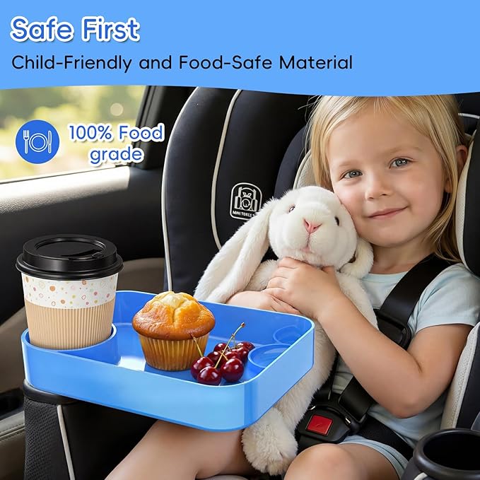 Kids Car Seat Tray, Travel Tray with Cup Holder for Toddler Baby, Kids Car Seat Food Snack Organizer for Road Trip, Stroller Snack Organizer Travel Must Haves Toddler Must Haves (Sky Blue, 1 Pack)