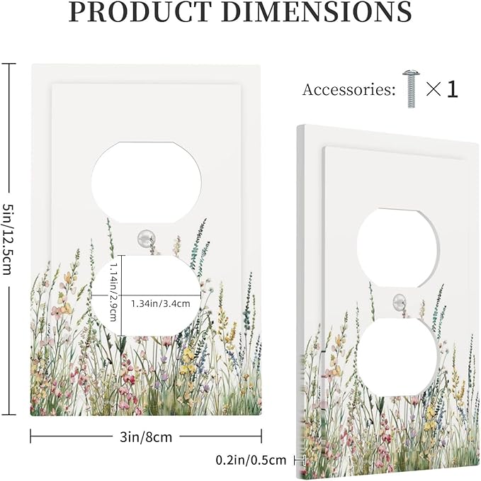 Outlet Covers Boho Wildflower Green Leaves Rustic Floral Botanical 1 Gang Duplex Light Switch Cover Electrical Receptacle Faceplate Wall Plate Decorative Switch Plates for Bedroom