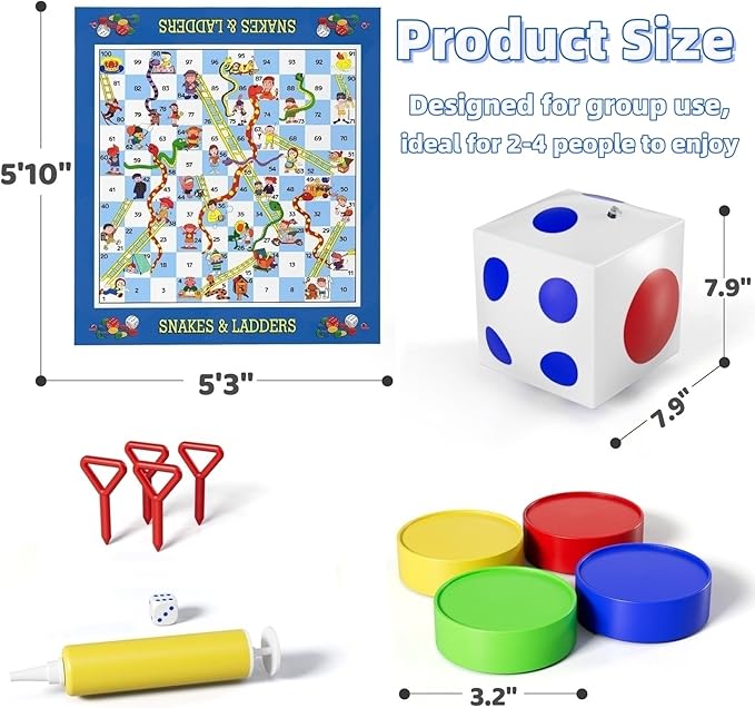 Giant Snakes and Ladders Floor Game for Kids - 5.8 ft Extra-Large Indoor Outdoor Mat with Game Pieces & Inflatable Dice, Family Night Board Game Set, Birthday Toy for 3+ Year Old Boys and Girls