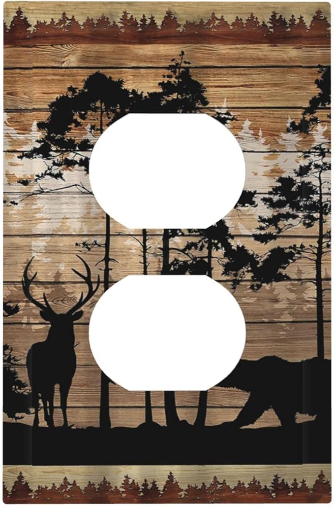 Rustic Forest Cabin Black Bear Deer Silhouettes Hunting Country Elk Wildlife 1 Gang Duplex Wall Plate Electrical Receptacle Outlet Cover Decorative Dual Device Mid Size Plug Light Switch Wallplate