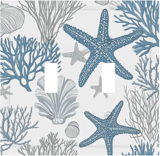 Blue Starfish Nautical Beach Conch Coastal Coral Shell Decorative Switch Plates 2 Gang Double Toggle Outlet Light Switch Cover Wall Plate Electrical Faceplate For Kids Room Bathroom Decor