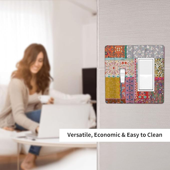 Light Switch Cover Boho Patchwork Bohemian Stitching Colorful Floral 2 Gang Toggle Rocker Combo Wall Plates Decorative Switch Plates and Outlet Covers Receptacle Cover for Bathroom Home Decor