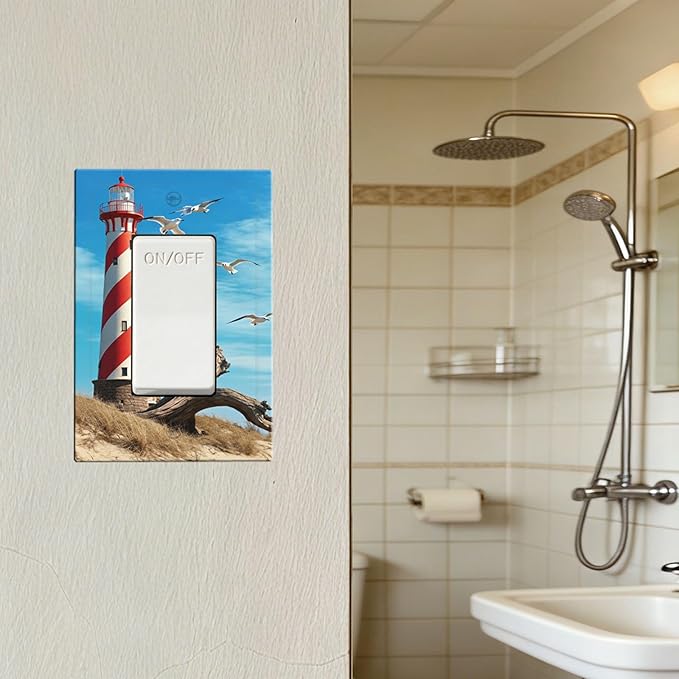 Lighthouse Coastal Scene Single Rocker Switch Cover - 1-Gang Standard US Size Nautical Coastal Beacon Light Switch Covers for Living Room Bathroom Decor