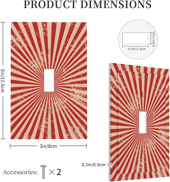 Retro Circus Sparkling Red White Lines Mid Century Decorative Light Switch Cover 1 Gang Single Toggle Device Electrical Faceplate Switchplates Decorator Outlet Wall Plate for Farmhouse Home Decor