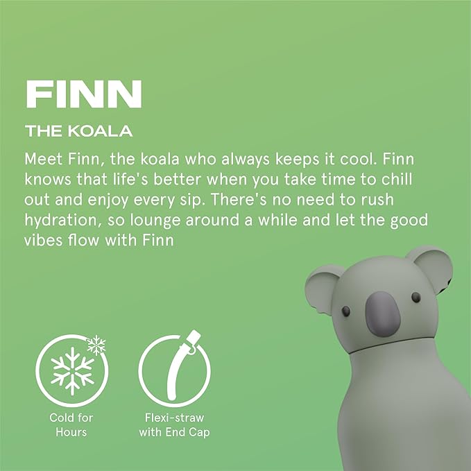 asobu Bestie Bottle Insulated Stainless Steel Water Bottle with Detachable Soft Animal Head Fun Drinking For Kids and Teens with Flexible Reusable Straw 16 Ounce (Koala)