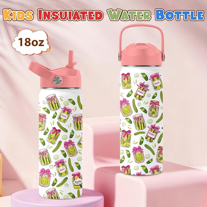 Pickle Gifts for Women - 18 oz Water Bottle with Straw Lid, Stainless Steel Insulated Bottle, Leak Proof, BPA - Free, Cute Pickle Jar Sport Bottles for Travel, Gift Cup for Girl(1pc)