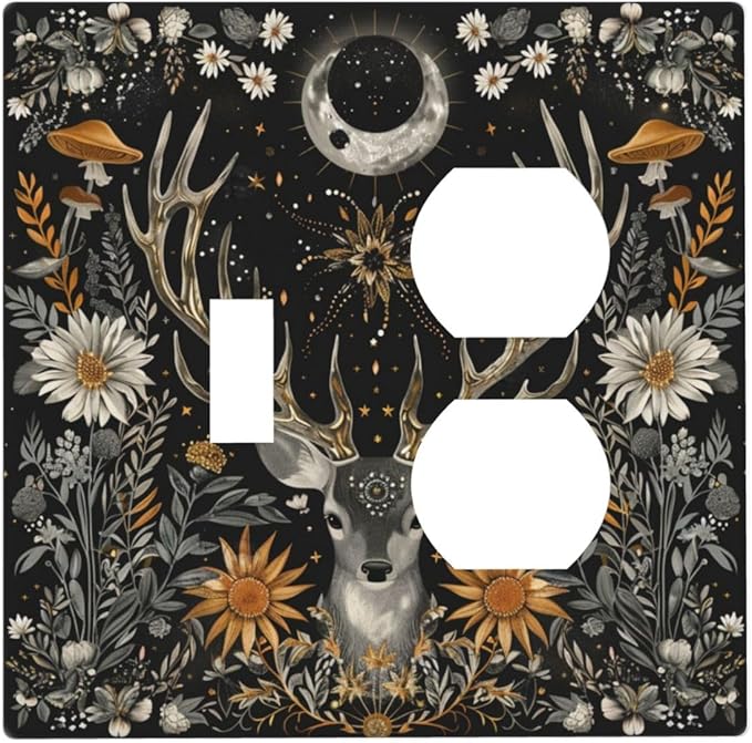 Light Switch Cover Plate Vintage Deer Flowers Moon Natural Plants Floral 2 Gang Decorative Switch Plates 1 Toggle Duplex Combo Outlet Covers GFCI Wall Plates for Bathroom Bedroom Decor
