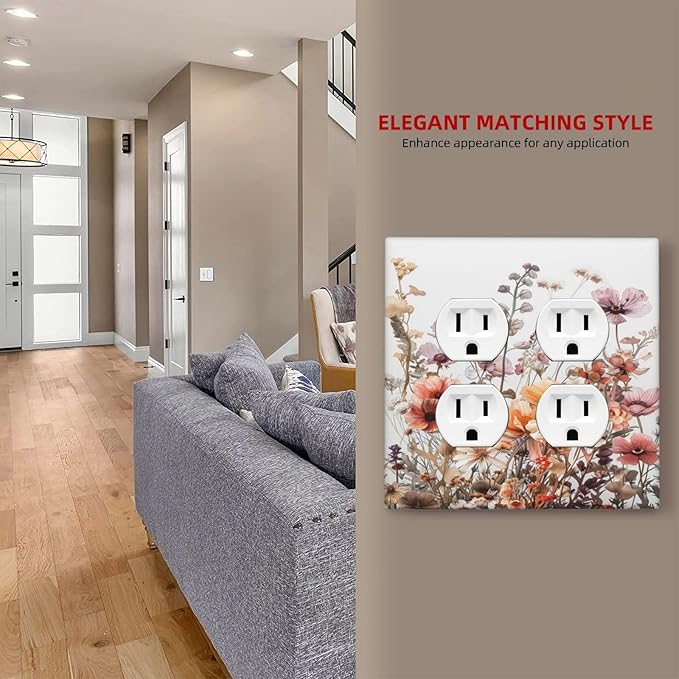 Boho Nursery Wildflower Flora Vintage Flower Outlet Covers 2 Gang Double Duplex Decorative Light Switch Covers Electrical Wallplates Socket Faceplate for Bedroom Living Room Decor