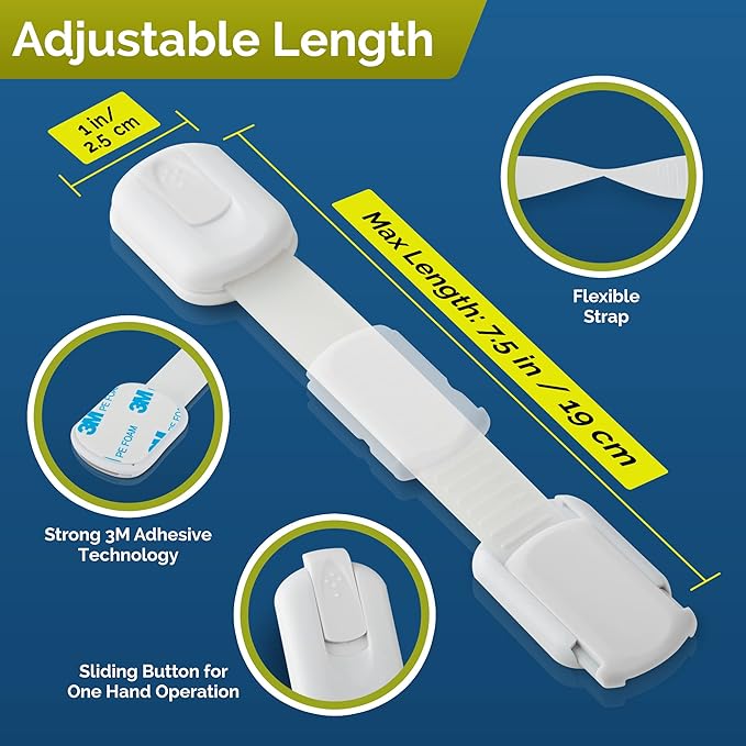 Child Safety Strap Locks (8 Pack) Baby Locks for Cabinets and Drawers, Toilet, Fridge & More. 3M Adhesive Pads. Easy Installation, No Drilling Required, White