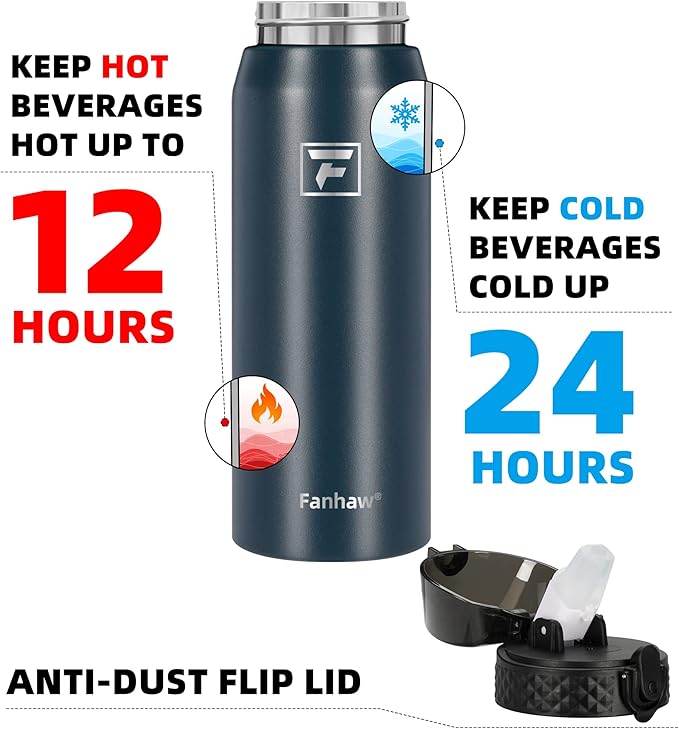 Fanhaw 24 oz Insulated Stainless Steel Water Bottle with Straw Lid, Leakproof & Anti-Dust Sports Bottle for Kids, Women & Men (Navy Blue)