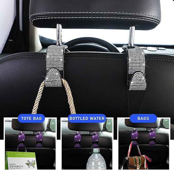 Ohleats 2 PCS Bling Car Seat Headrest Hooks, Crystal Rhinestone Back Seat Hanging Storage Organizer, Vehicle Seat Hanger Holder for Purse Handbag Coat, Interior Car Accessories (Purple)