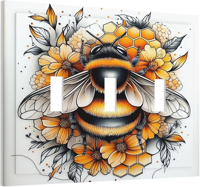Decorative Switch Plates Bee Honeycomb Flowers Plant Leaves 3 Gang Wall Plate Triple Toggle Light Switch Cover Faceplate Electrical Wall Panels For Nursery Kids Room Decor