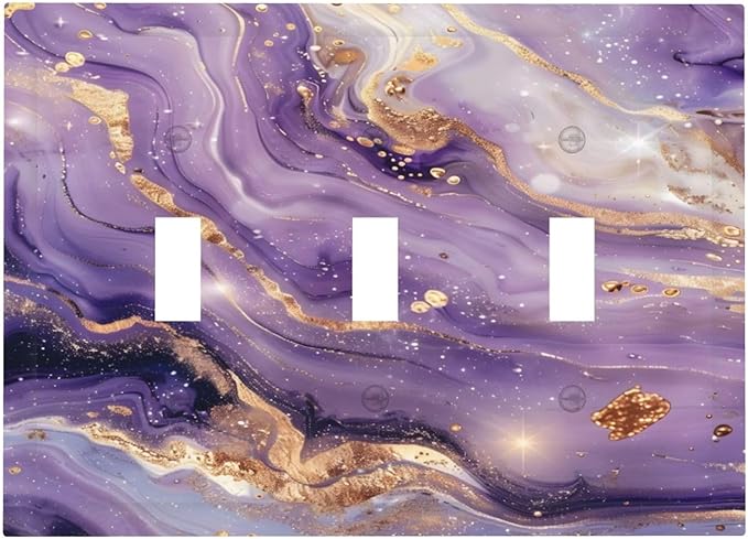 Abstract Purple Gold Marble Texure Luxurious Decorative Switch Plates 3 Gang Wall Plate Triple Toggle Light Switch Cover Faceplate Electrical Wall Panels for Bathroom Living Room Decor