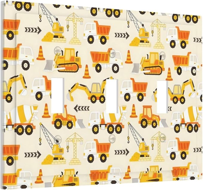 Decorative Light Switch Cover Plate Construction Vehicle Yellow Trucks Diggers 3 Gang Wall Plates for Electrical Triple Toggle Switch Plate Covers Outlet Covers Faceplate for Home Decor