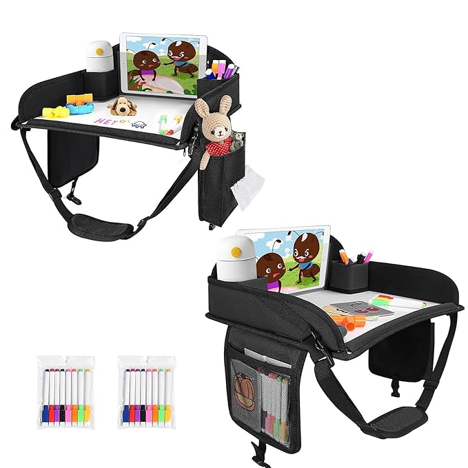 Kids Travel Tray, 2Pcs Kids Travel Trays for Car Seat, Road Trip Essentials for Toddler, Carseat Lap Tray with Dry Erase Board & Storage Organizer for Road Trip Activities for Kid, Black