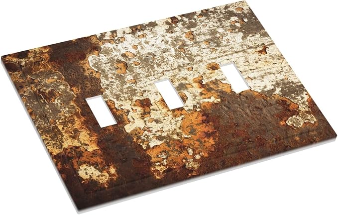 Decorative Switch Plates Vintage Metal Rust Texture Peeling Paint 3 Gang Wall Plate Triple Toggle Light Switch Cover Faceplate Electrical Wall Panels For Farmhouse Cabin Decor