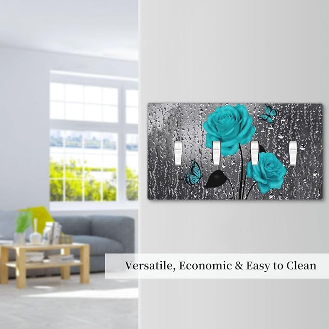 Elegant Teal Blue Gray Roses Flower Floral 4 Gang Quad Decorator Light Switch Cover, Romantic Raindrop Rose Butterfly Four Gang Toggle Wall Plate Outlet Cover Standard Size Girl Women Bathroom Decor