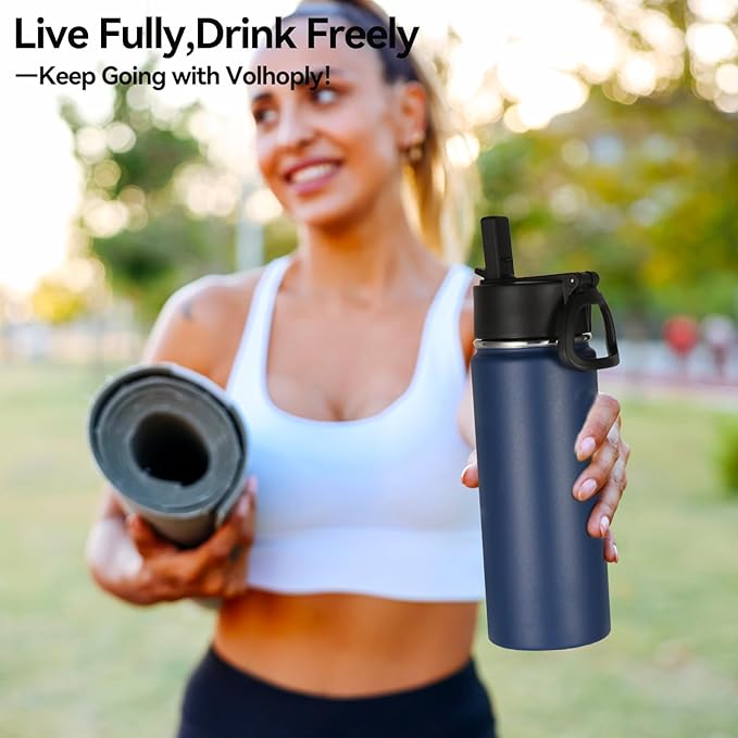 Volhoply 18oz Insulated Water Bottle Bulk 4 Pack,Kids Stainless Steel Water Bottles with Straw Lid,Wide Mouth Reusable Metal Bottle,Double Wall Vacuum Sports Flask for Cold Drink(Navy,4 Set)