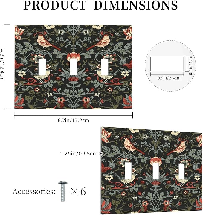 Vintage Birds Berries Mid Century Floral Flower Decorative Switch Plates 3 Gang Wall Plate Triple Toggle Light Switch Cover Faceplate Electrical Wall Panels for Bedroom Living Room Decor