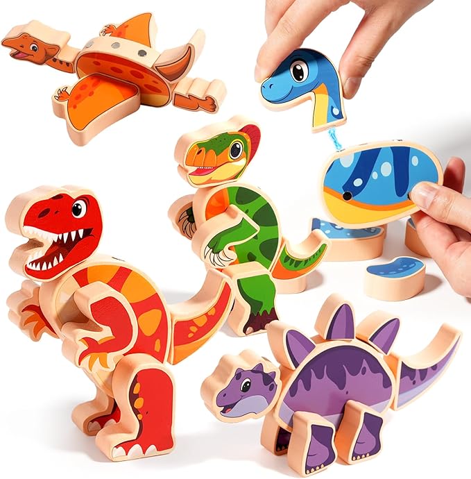 INIFEIDALA Magnetic Wooden Dinosaur Building Blocks, Take Apart STEM Montessori Educational Toy, Fine Motor Skills Development Ages 3-6