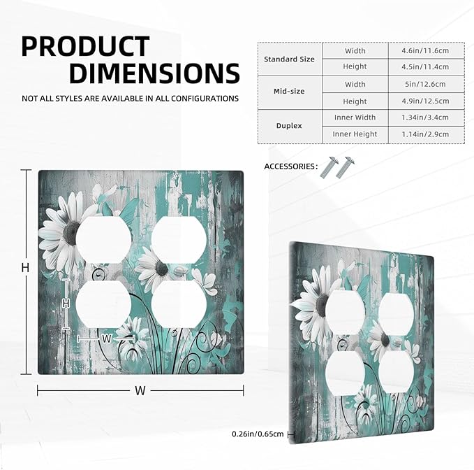Outlet Covers Teal Daisy Floral Vintage Wood Plank 2 Gang Double Duplex Decorative Light Switch Covers Electrical Wallplates Socket Faceplate For Farmhouse Cabin Decor