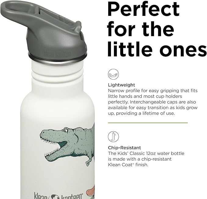 Klean Kanteen 12 oz Classic Kid's Water Bottle with Flip Seal Sport Cap & Straw - 100% Leakproof Cap - Durable Stainless Steel Material - Lightweight & Easy-Grip - BPA-Free - Dino Skates