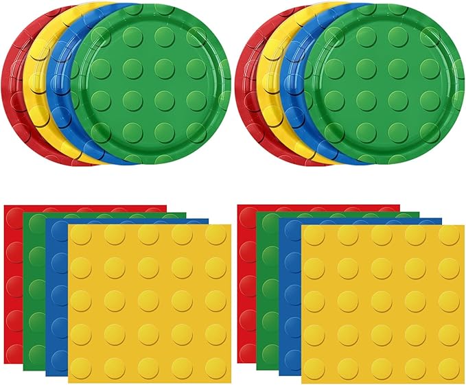 80PCS Building Blocks Themed Birthday Party Decorations Colorful Building Block Tableware Paper Plates Napkins Set for Boys, Kid’s Birthday Party Decorations Serve 20